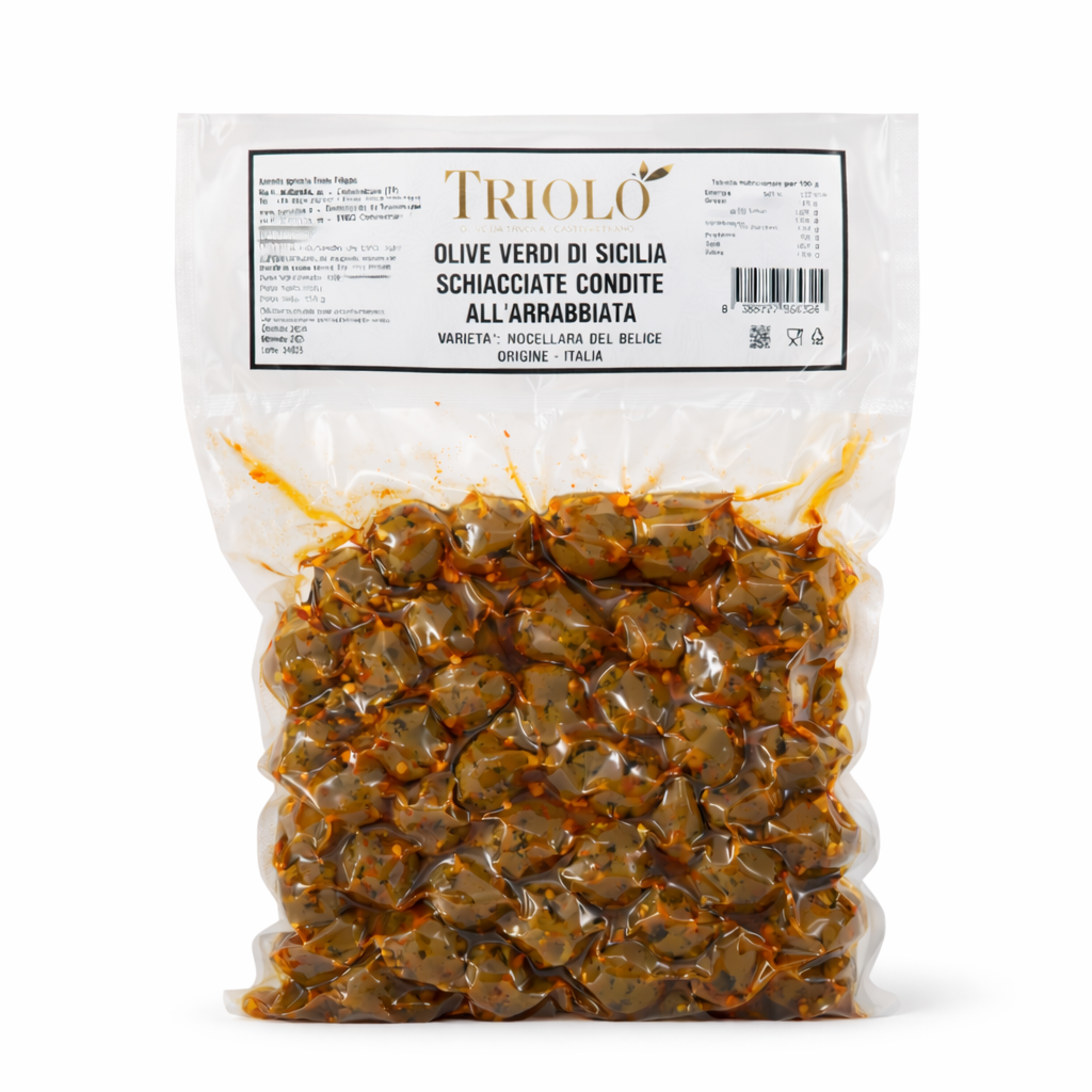 Olive verdi "Nocellara del Belice" schiacciate condite all'arrabbiata (sottovuoto) - 500g