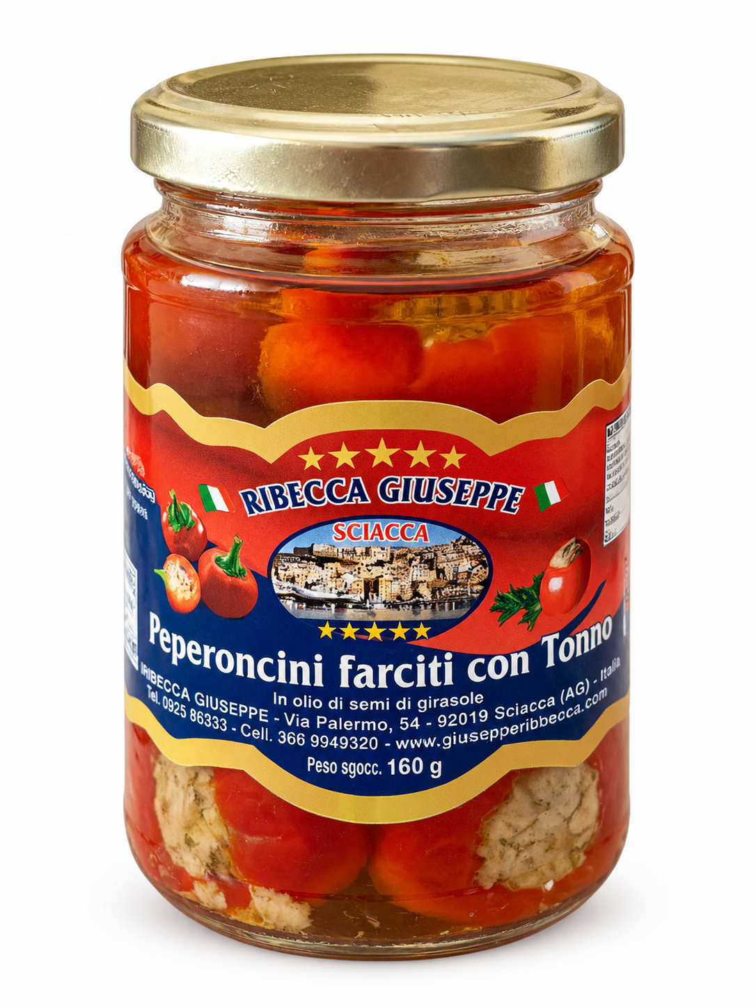 Peperoncini farciti con tonno Ribecca Giuseppe, vista frontale del barattolo