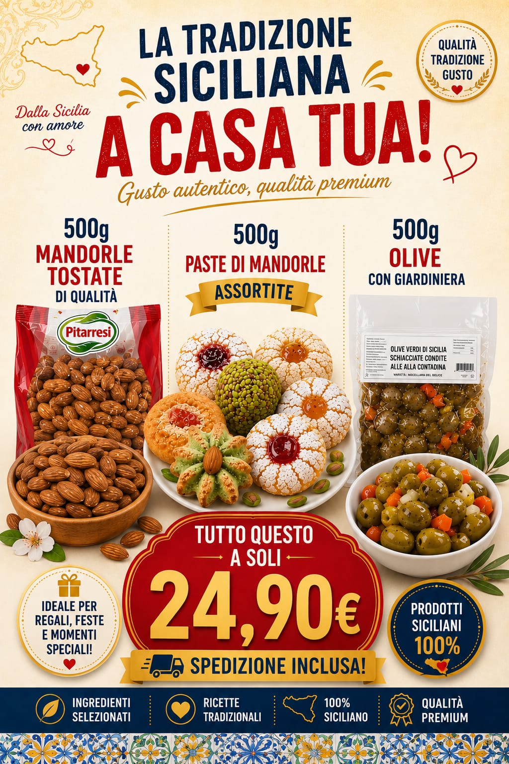 Box Siciliana – Mandorle Tostate + Paste di Mandorle + Olive con Giardiniera (3x500g)