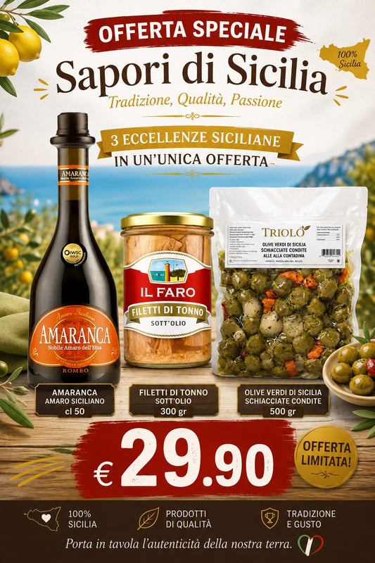 Box Sapori di Sicilia – Amaranca, Filetti di Tonno Il Faro, Olive Verdi Triolo