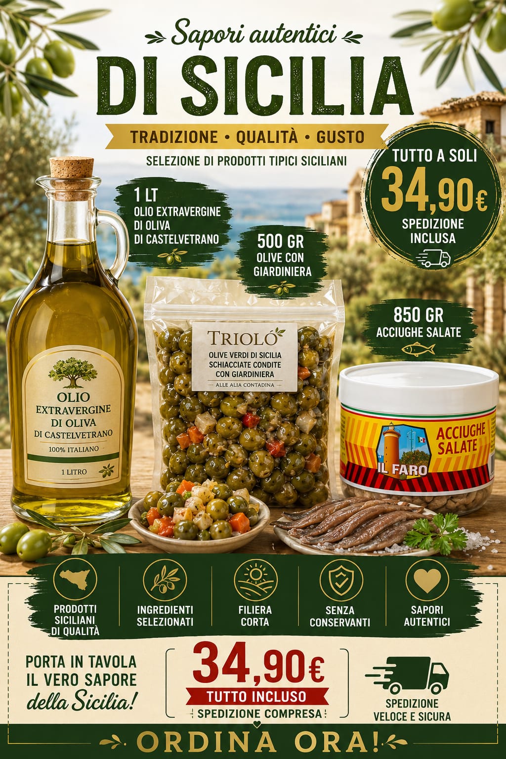 Box Sapori Autentici di Sicilia – Olio Extravergine, Olive con Giardiniera e Acciughe Salate
