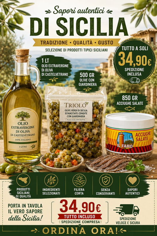 Box Sapori Autentici di Sicilia – Olio Extravergine, Olive con Giardiniera e Acciughe Salate