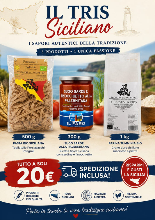Il Tris Siciliano – Box Degustazione con Pasta Bio, Sugo Sarde e Farina Tumminia