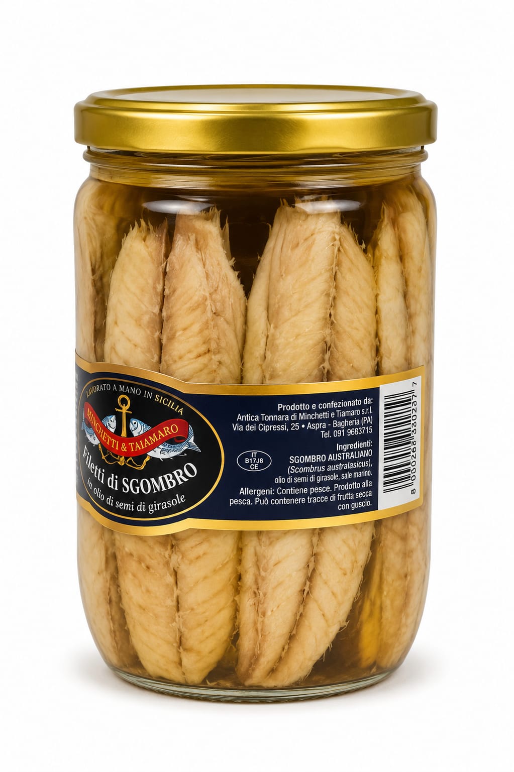 Filetti di Sgombro Minchetti & Tiaimaro 680g - vista frontale etichetta