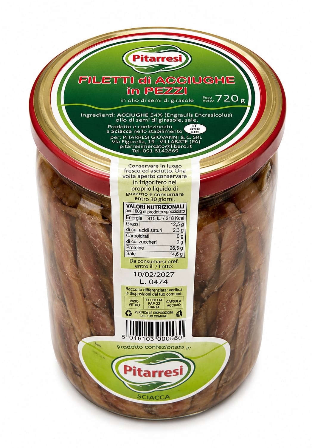 Filetti di Acciughe in Pezzi Pitarresi 720g – retro con valori nutrizionali