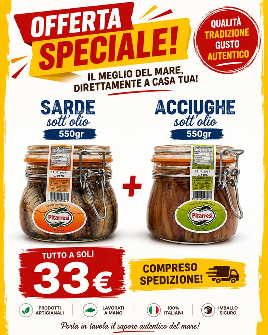 Offerta Speciale Pitarresi – Sarde + Acciughe Sott'Olio 550g a 33€ con spedizione inclusa