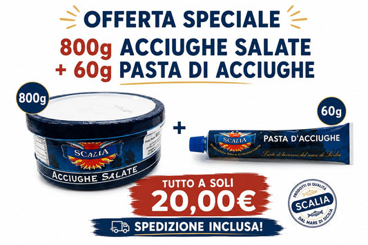 Offerta Speciale Scalia – Acciughe Salate 800g + Pasta di Acciughe 60g a 20€ spedizione inclusa