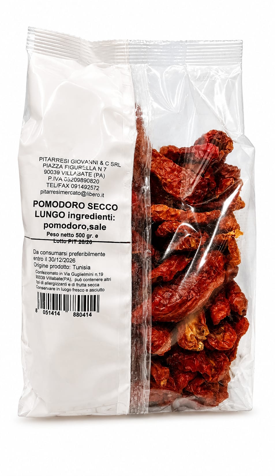 Pomodoro Secco Lungo 500g Pitarresi – etichetta retro con ingredienti