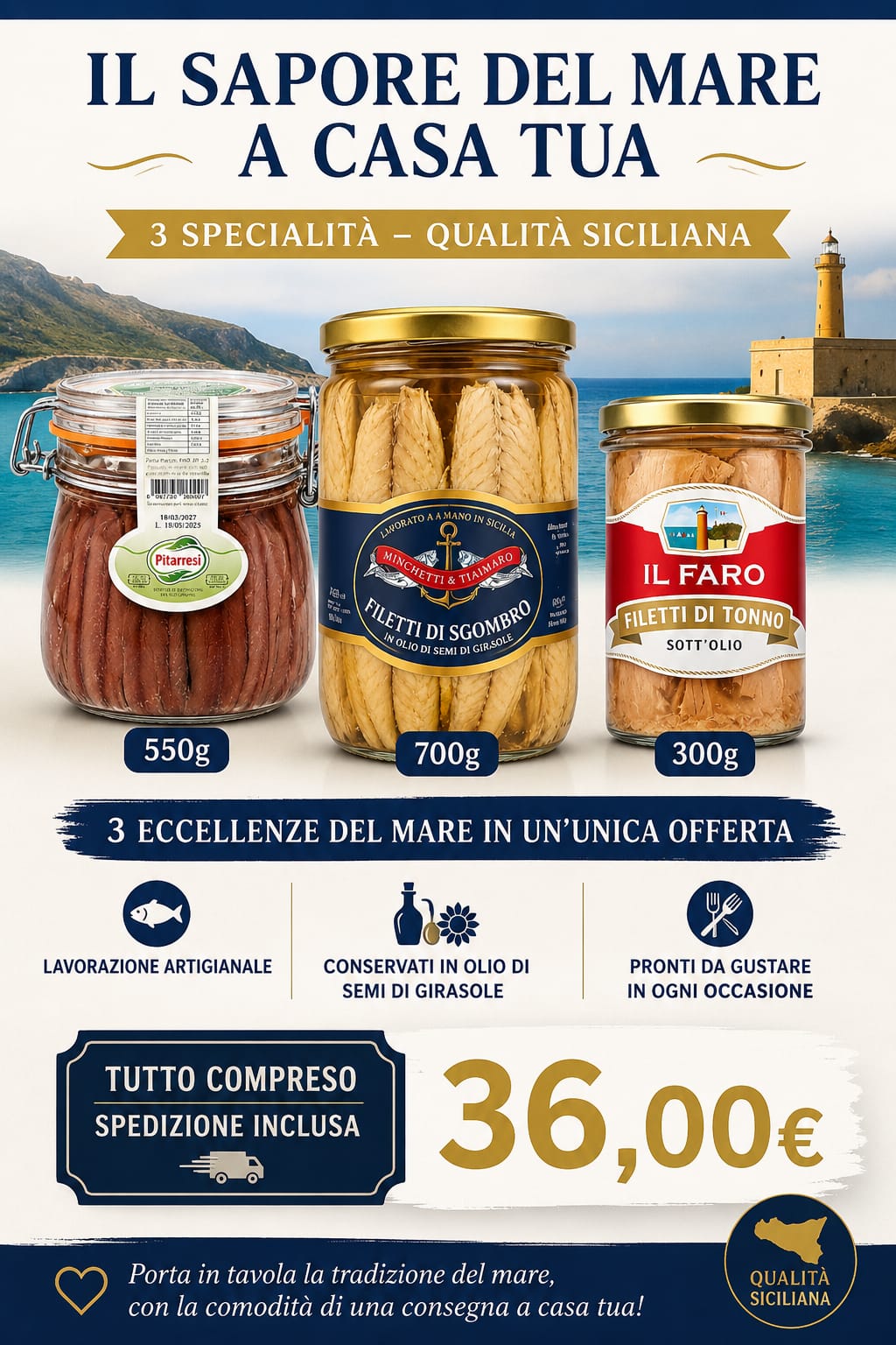 Kit 3 Specialità Siciliane del Mare – Acciughe, Sgombro, Tonno