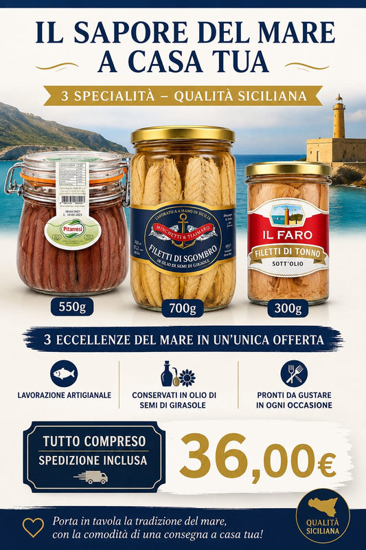 Kit 3 Specialità Siciliane del Mare – Acciughe, Sgombro, Tonno