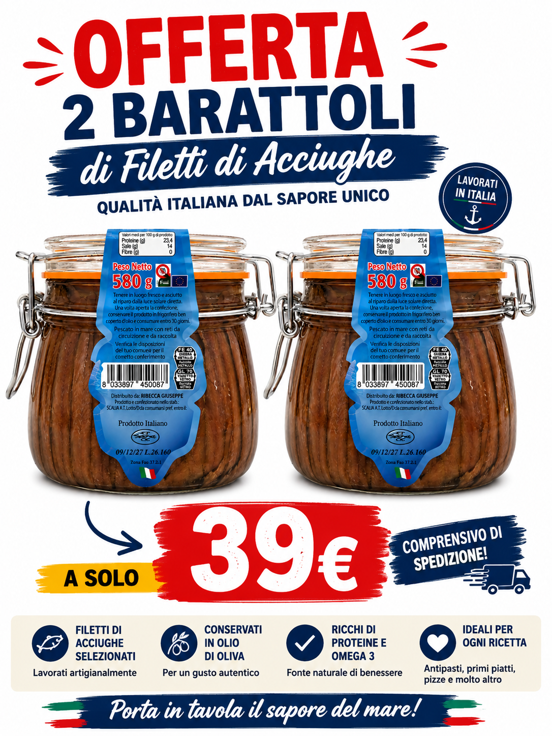 Offerta 2 Barattoli Filetti di Acciughe – 580g cad.